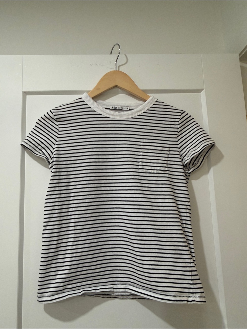 Zara Striped Pocket Crew Neck Tee